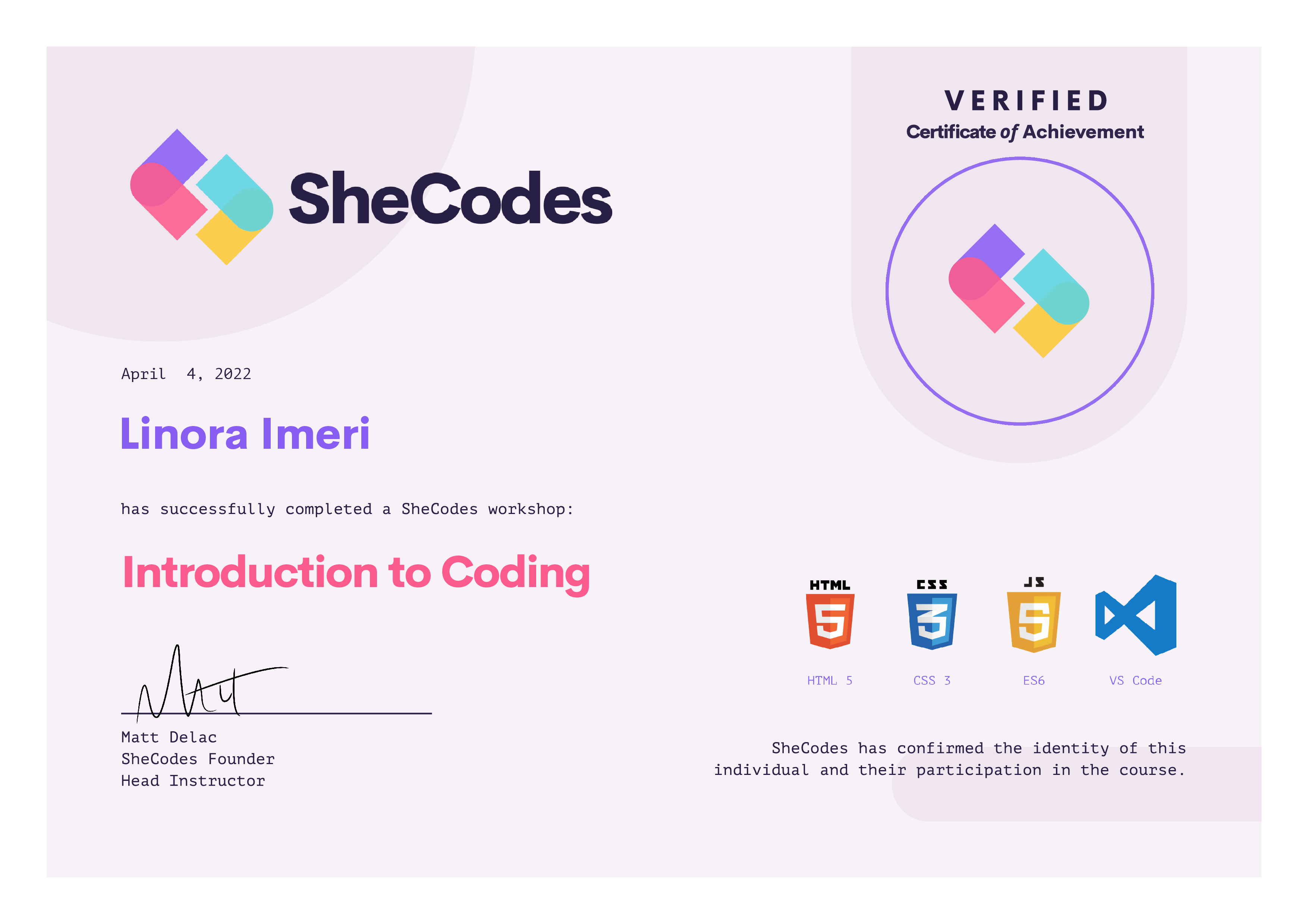 SheCodes Basics Certificate